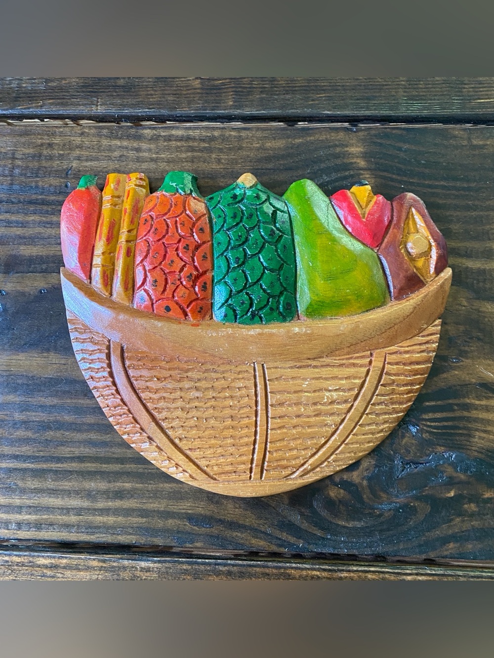 Vintage fruit veggie vegetable basket wood carving wall decor